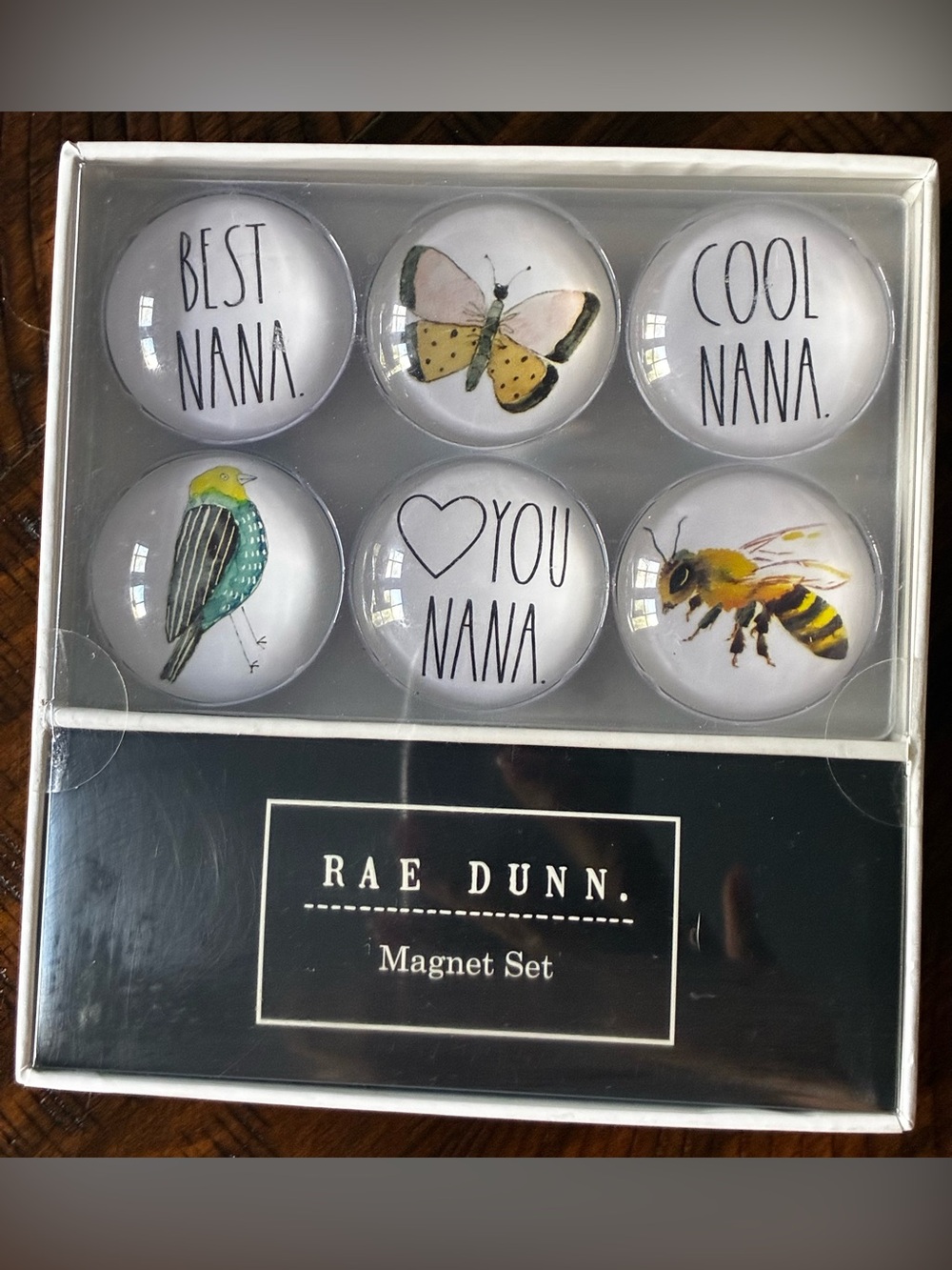 Rae Dunn White Magnet Set with Multicolor Bird, Butterfly & Bee Accents